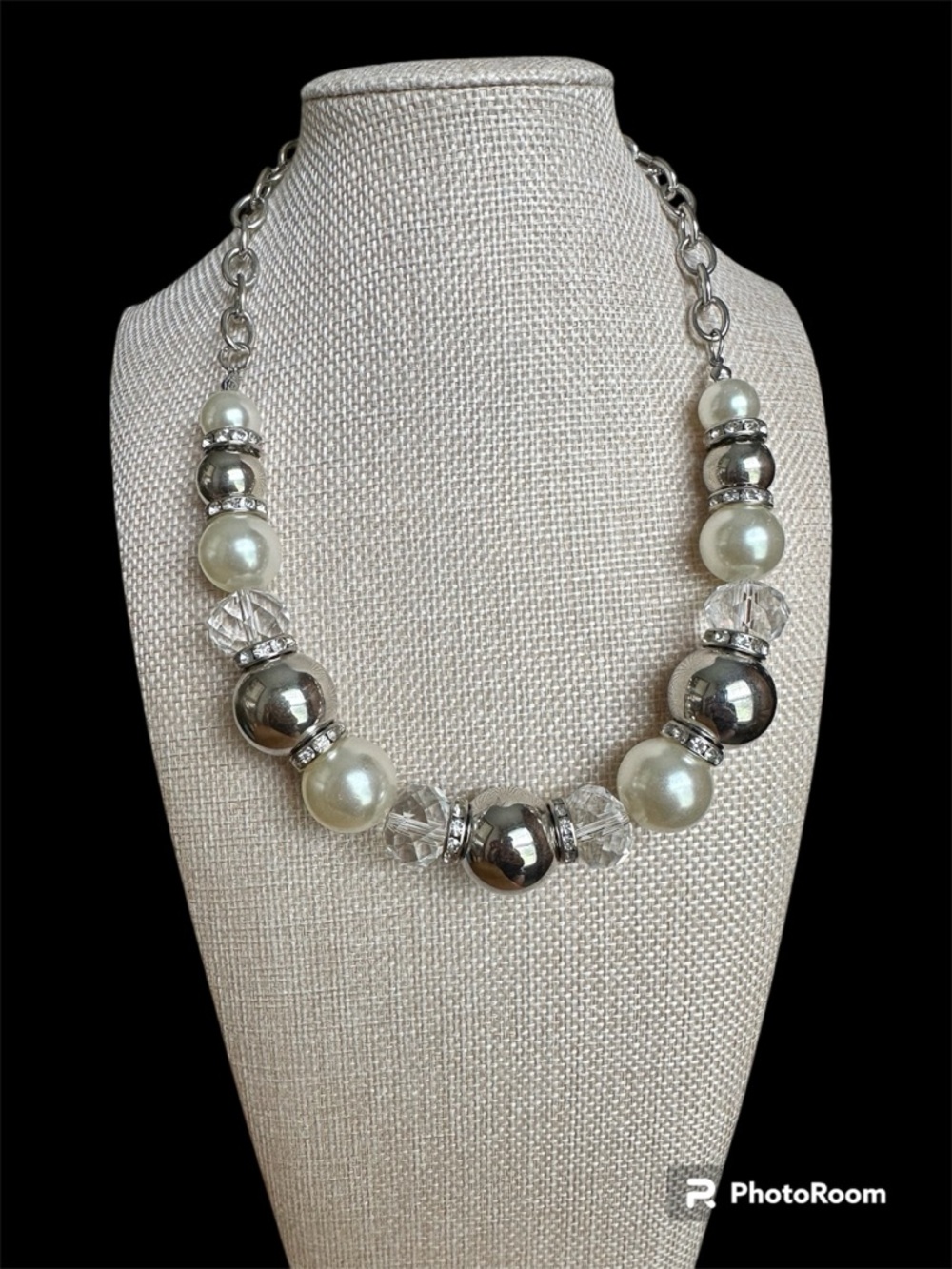 Elegant Silver Tone & Faux Pearl Statement Necklace